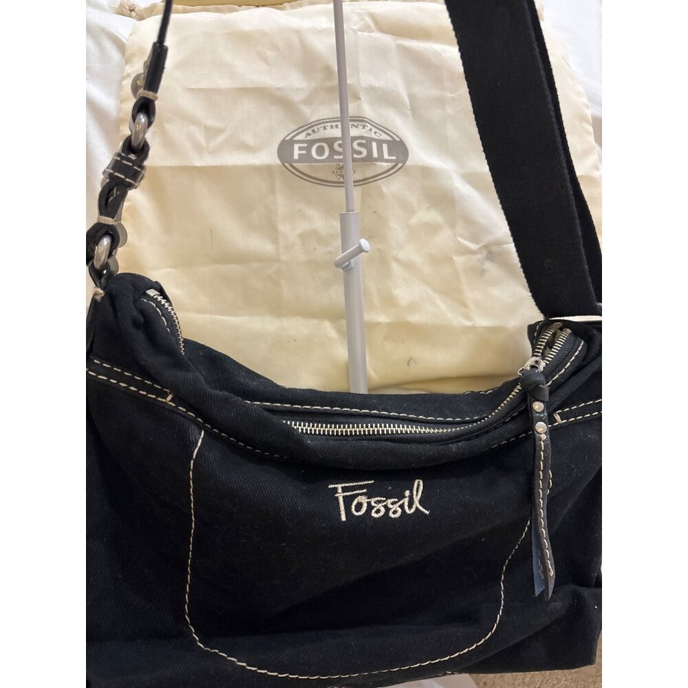 Fossil Black Canvas & Faux Leather Shoulder Bag With Adjustable Strap